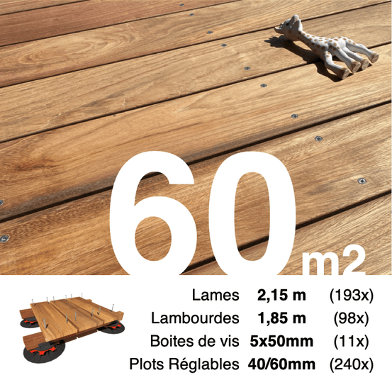 Kit complet terrasse bois exotique jatoba pour 60 m², lames 2,15 m, lambourdes 1,85 m, plots réglables et visserie inox.