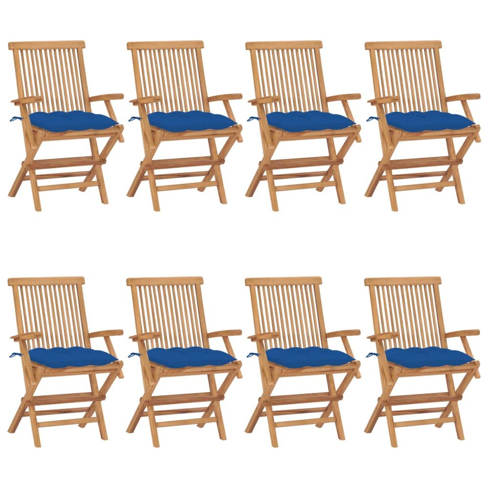 Chaises pliantes avec coussins bleus, 8 pièces, en bois de teck massif