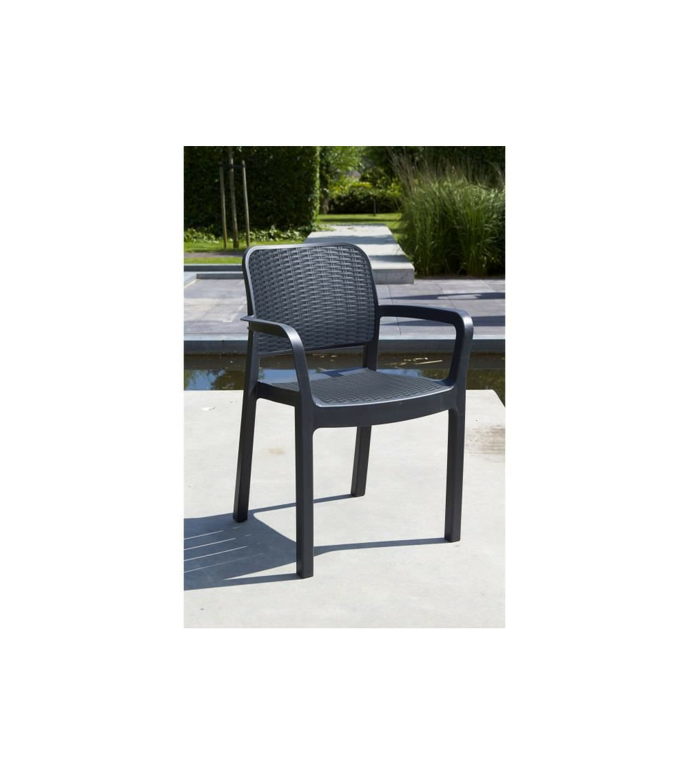 Lots de 6 fauteuils monoblocs coloris graphite - empilables en résine de synthese - imitation rotin tressé - allibert by