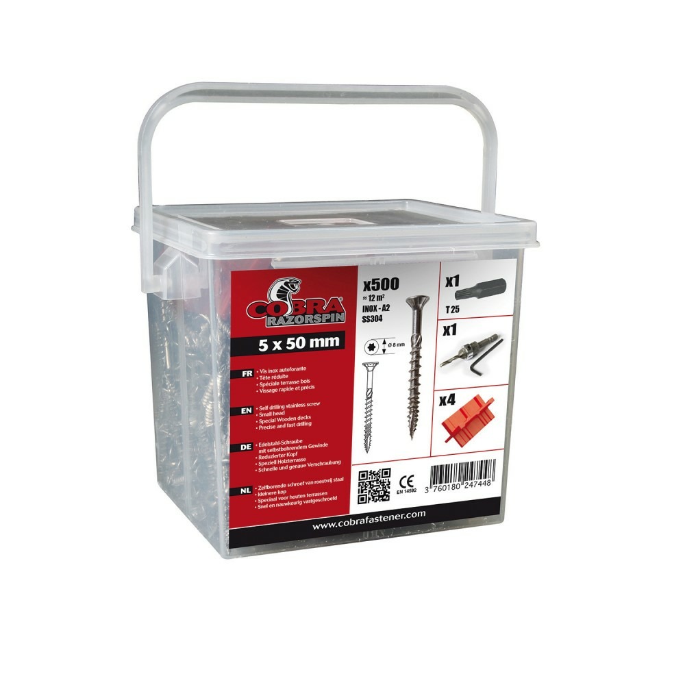 Seau de 500 vis, 1 foret, 1 embout et 4 espaceurs, l.0.14 x l.0.12 m