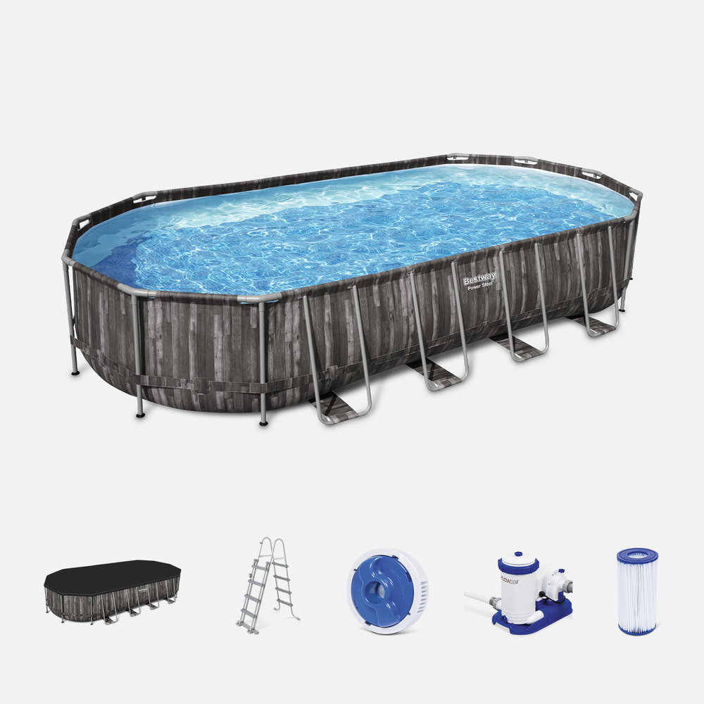 Kit piscine géante complet bestway – spinelle – piscine ovale tubulaire 7x3 m motif aspect bois. Pompe de filtration. Échelle. Bâche