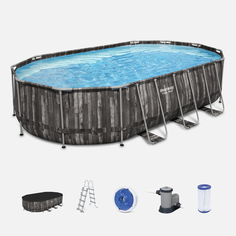 Kit piscine géante complet bestway – spinelle – piscine ovale tubulaire 6x3 m motif aspect bois. Pompe de filtration. Échelle. Bâche