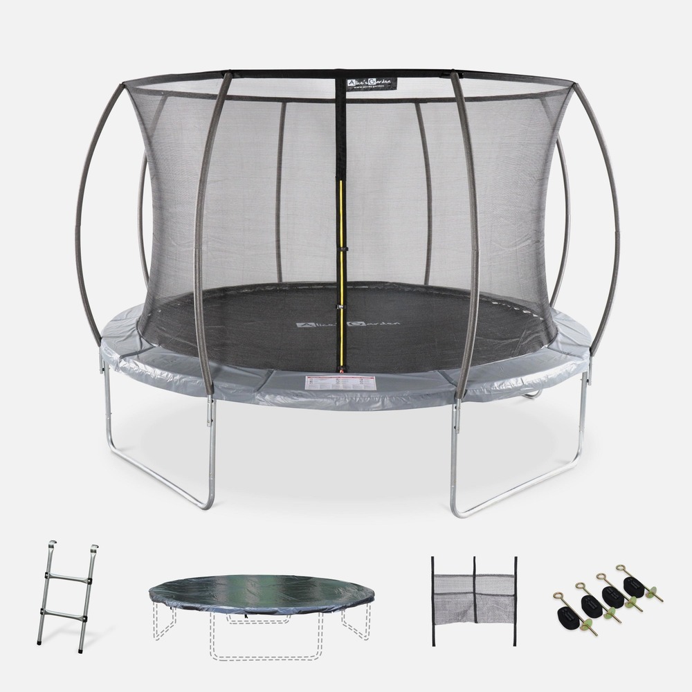 Trampoline rond ø 370cm gris - saturne inner xxl – trampoline de jardin avec filet de protection intérieur. Échelle. Bâche. Filet