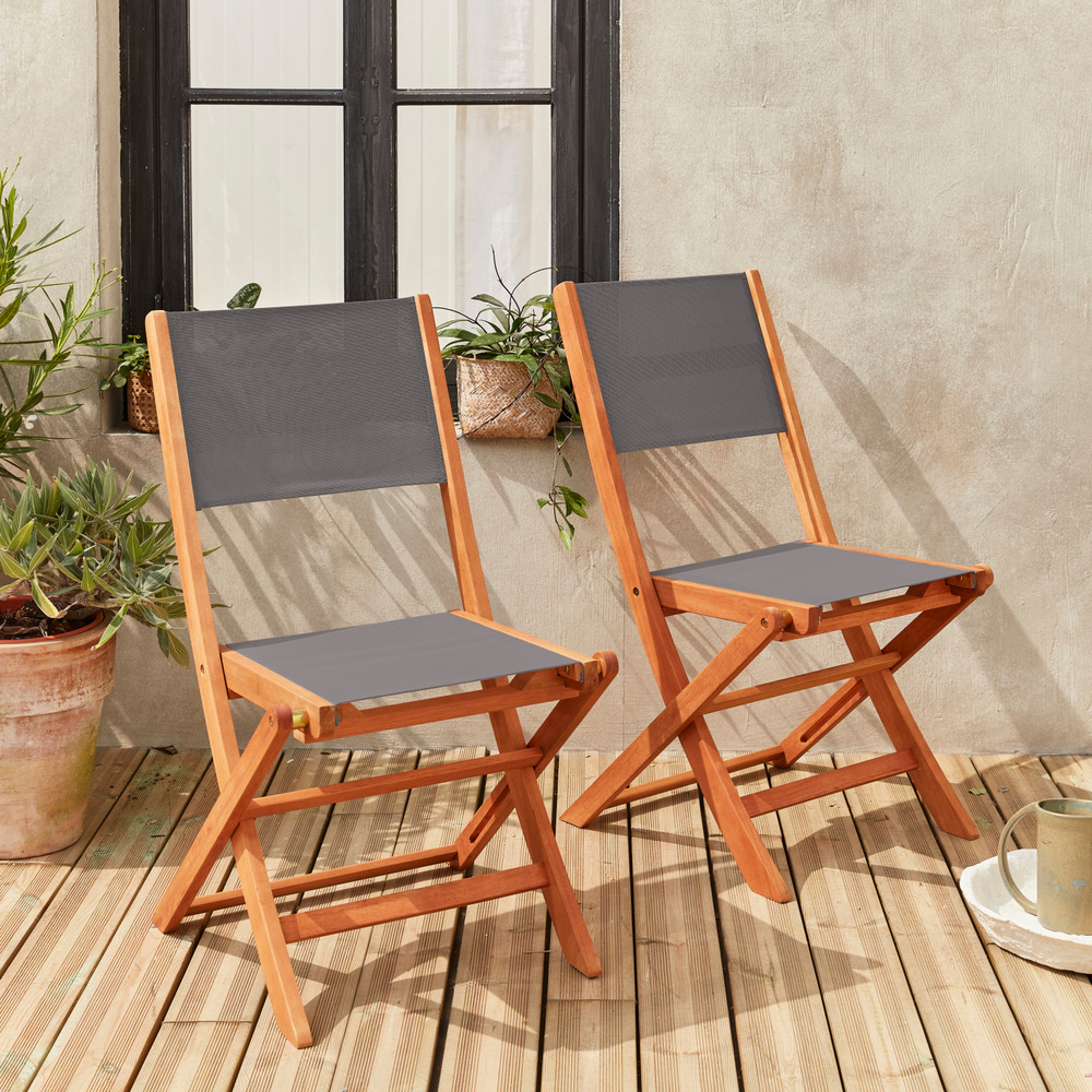 Chaises de jardin en bois et textilène - almeria gris anthracite - 2 chaises pliantes en bois d'eucalyptus  huilé et textilène