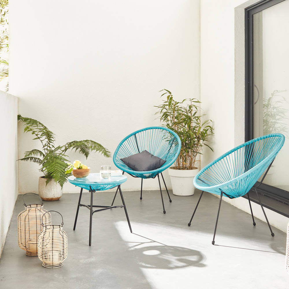 Lot de 2 fauteuils acapulco forme d'oeuf avec table d'appoint - turquoise -  fauteuils 4 pieds design rétro. Avec table basse.