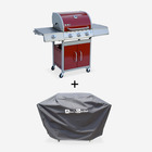 Barbecue gaz inox 14kw – richelieu rouge – barbecue 3 brûleurs + 1 feu latéral. Côté grill et côté plancha. Housse de protection