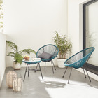 Lot de 2 fauteuils acapulco forme d'oeuf avec table d'appoint - bleu canard - fauteuils 4 pieds design rétro. Avec table basse.