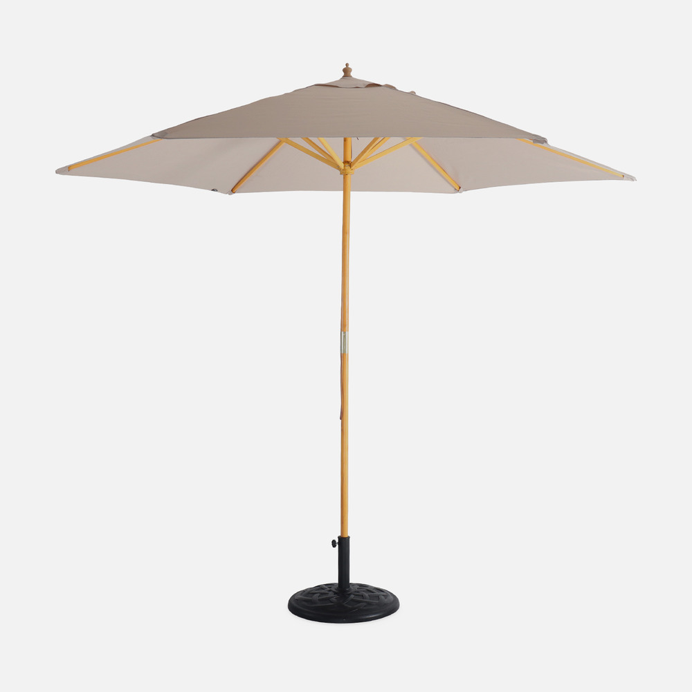 Parasol droit rond en bois 3m - cabourg beige - mât central en bois. Ø300cm. Système d'ouverture manuelle. Poulie