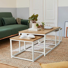 Lot de 3 tables gigognes métal blanc mat. Décor bois - loft - encastrables. 1x100x60x45cm / 2x50x50x38cm