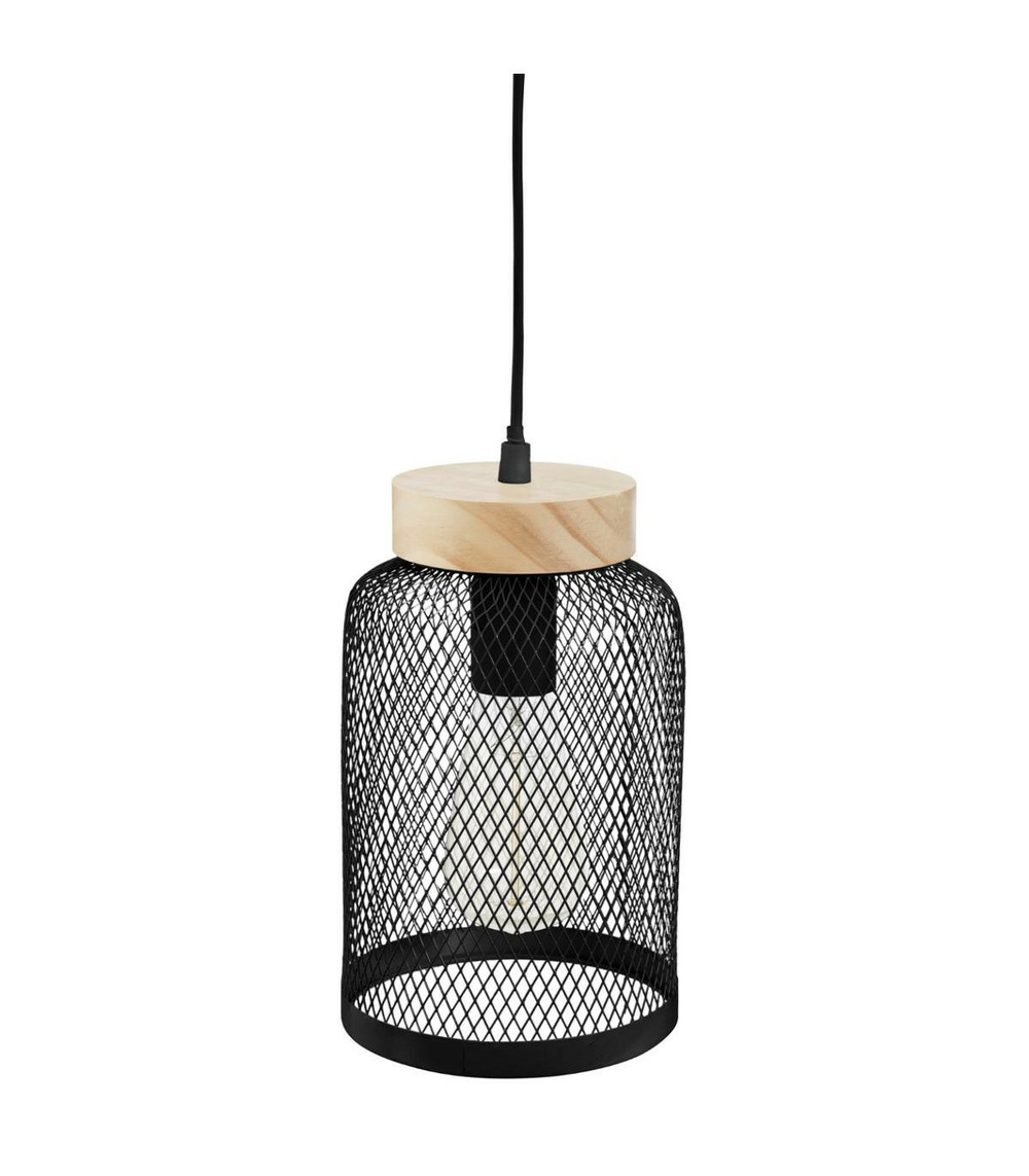 Luminaire suspension en bois et métal noir d 15 cm