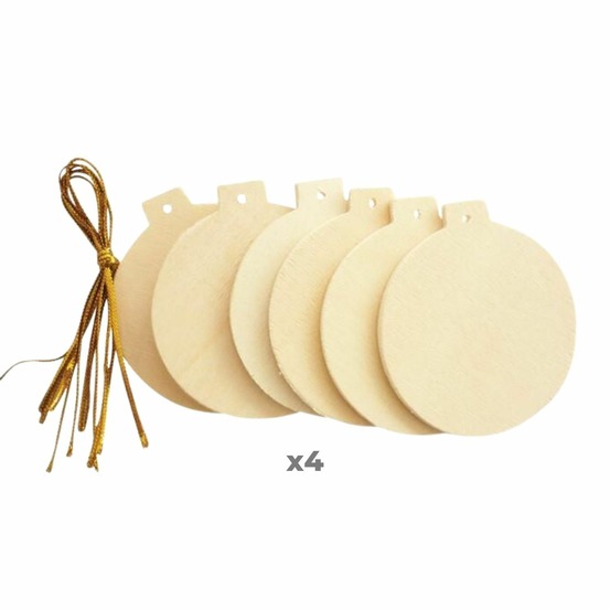 24 boules de noël en bois plates à suspendre 6 cm