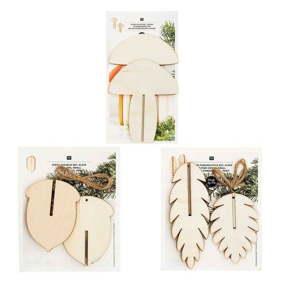 Décorations de noël en bois - 3 glands + 3 pommes de pin + 2 champignons