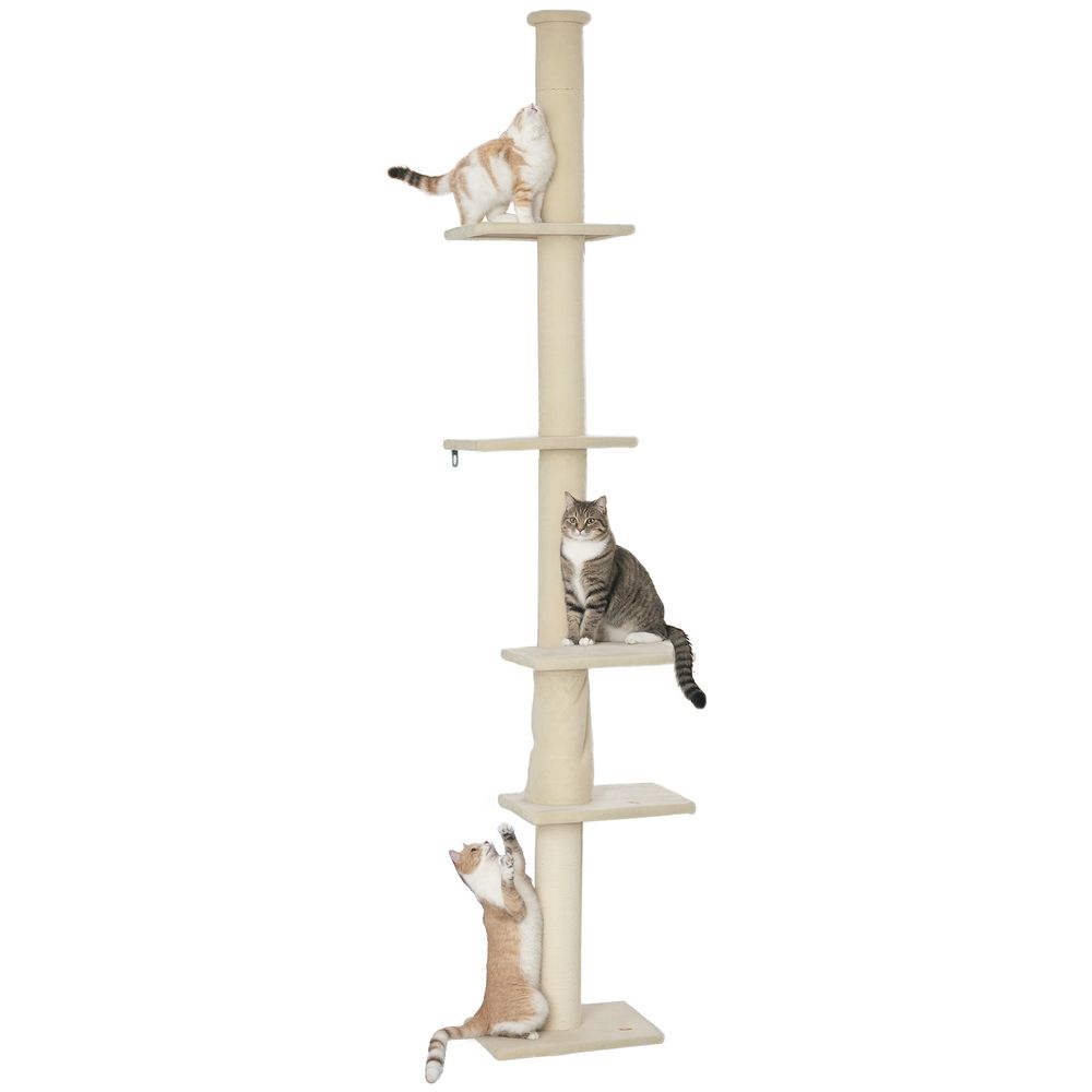 Arbre à chat bois peluche intérieur hauteur ajustable plafond 275cm blanc crème