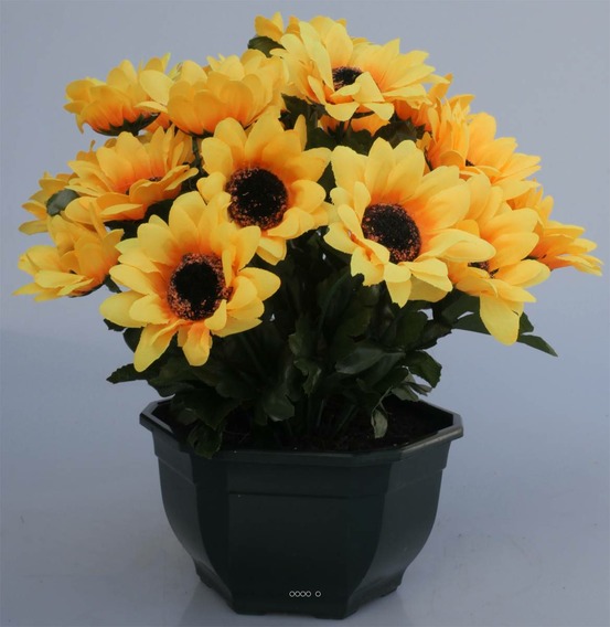 Composition fleurs artificielles cimetière vasque mini tournesols h27 cm d27 cm