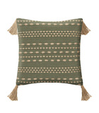 Coussin décoratif déhoussable vert kaki  en coton et jute avec pompons 40 x 40 cm