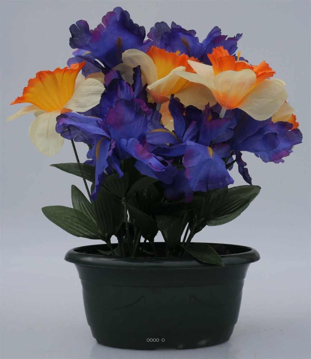 Fleurs artificielles cimetière mini jardinière ovale iris et jonquilles h31 cm l