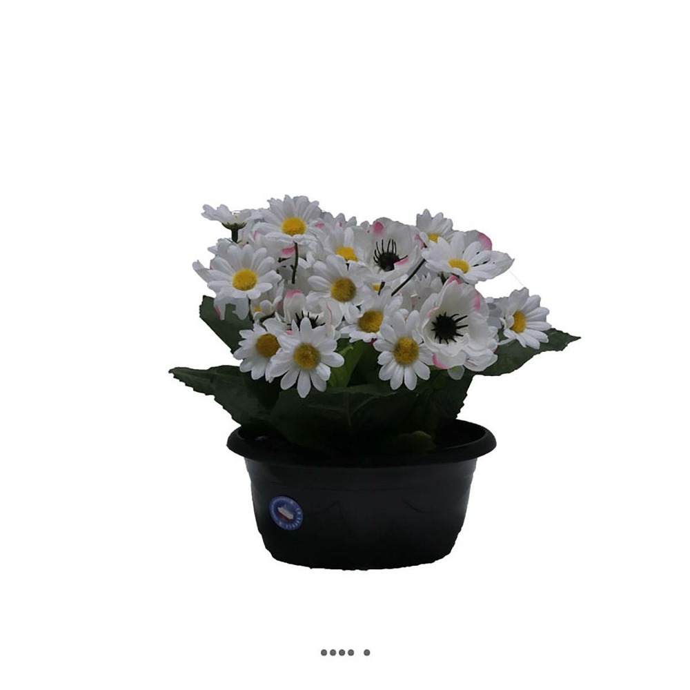 Fleurs artificielles cimetière mini jardinière ovale anémones et marguerites h27