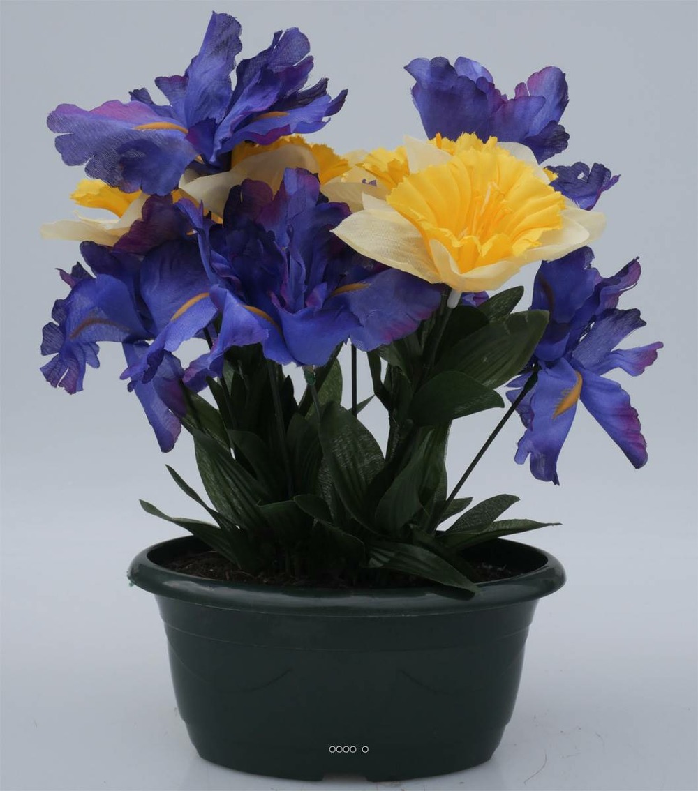 Fleurs artificielles cimetière mini jardinière ovale iris et jonquilles h31 cm l