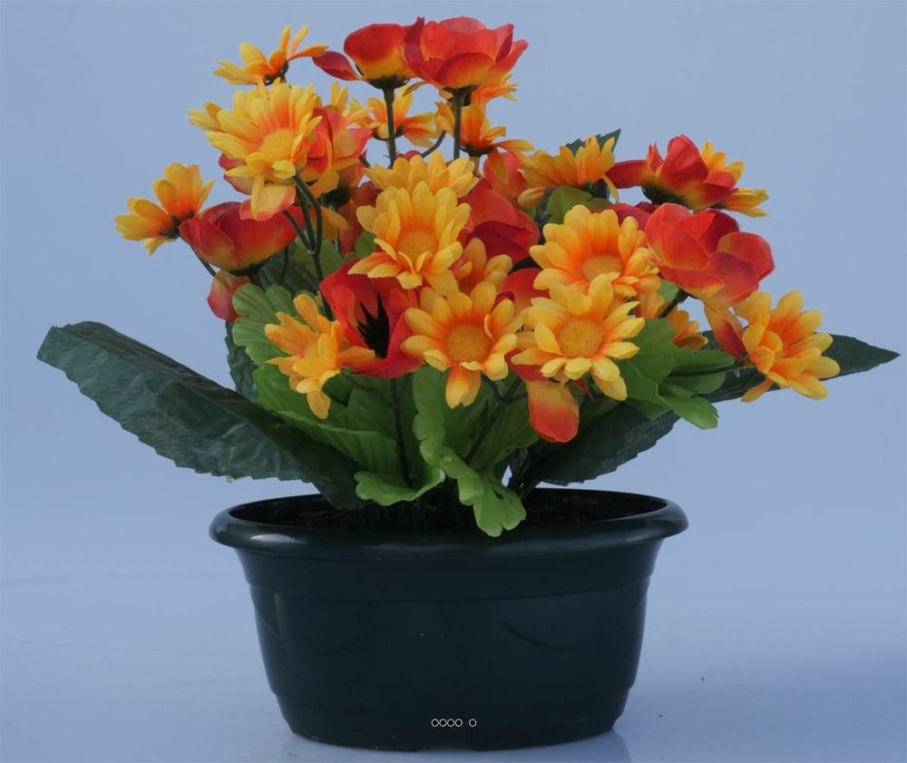Fleurs artificielles cimetière mini jardinière ovale anémones et marguerites h27