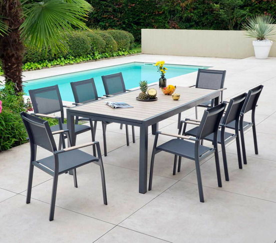 Ensemble table et chaises de jardin - 8 places - effet bois - oleron