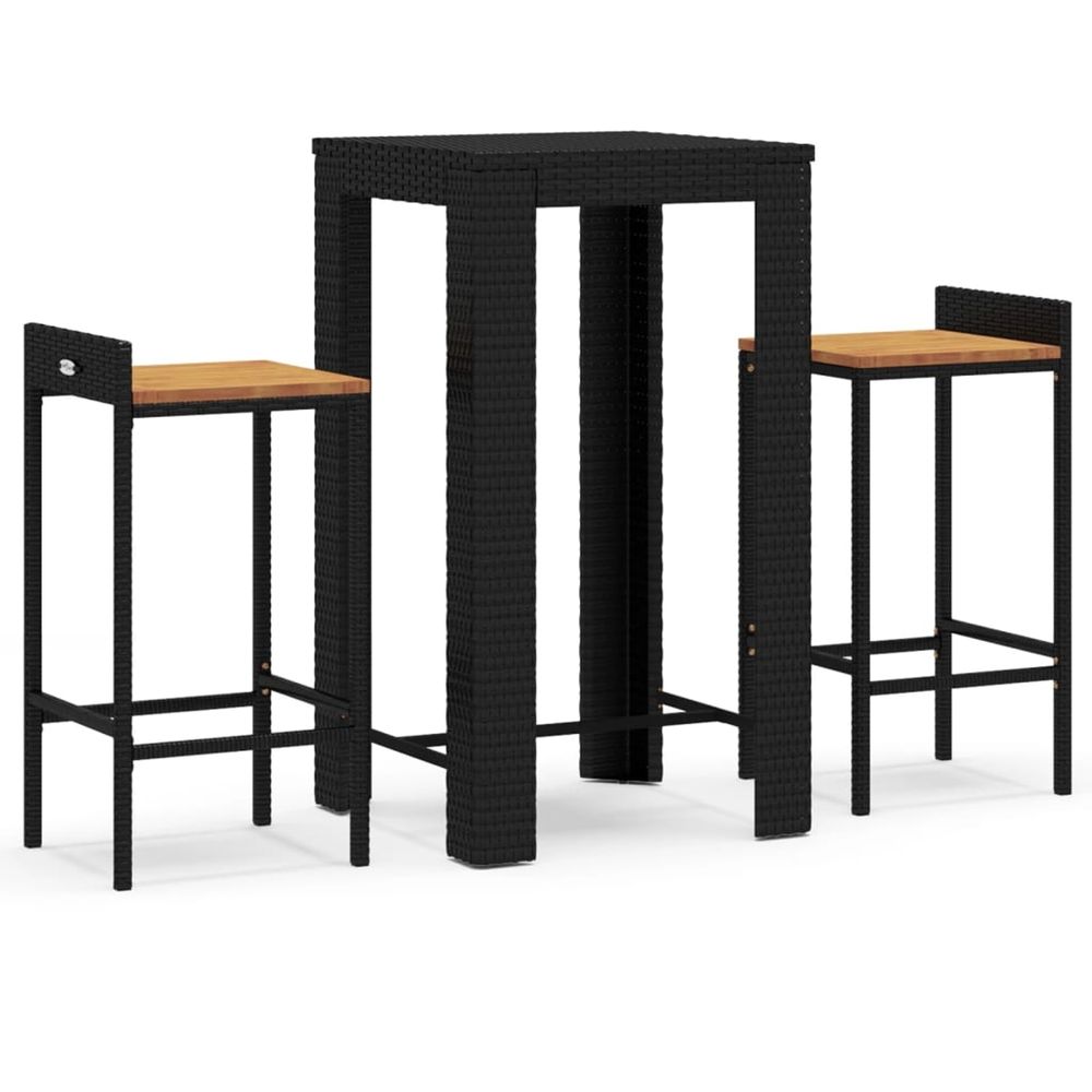Ensemble de bar jardin 3 pcs noir poly rotin/bois massif acacia