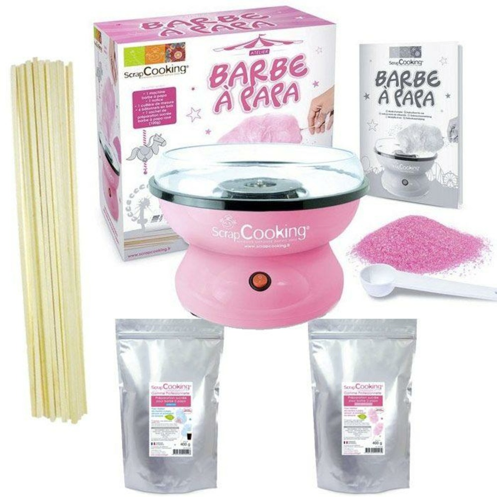 Coffret barbe à papa - machine + préparation rose 400 g et bleue 400 g + 100 bâtonnets