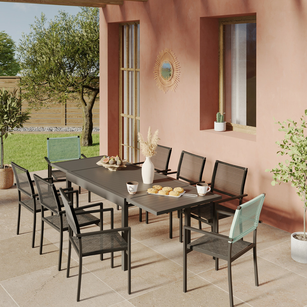 Ensemble table de jardin extensible aluminium 135/270cm + 8 fauteuils