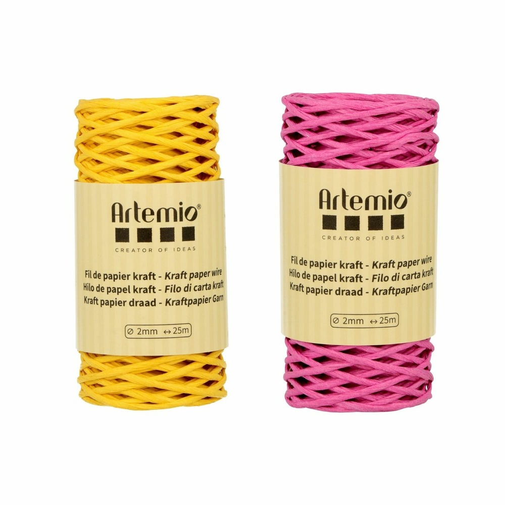 2 bobines fil kraft fuschia/jaune 2mm x 25 m