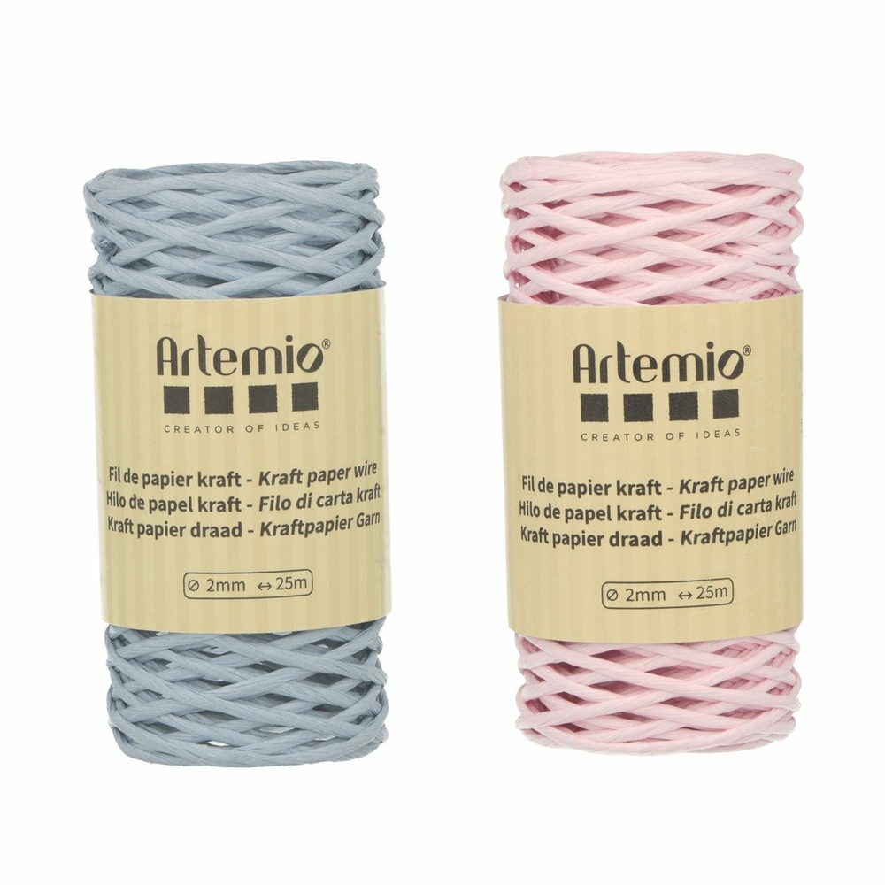 2 bobines fil kraft bleu tendre/rose 2mm x 25 m