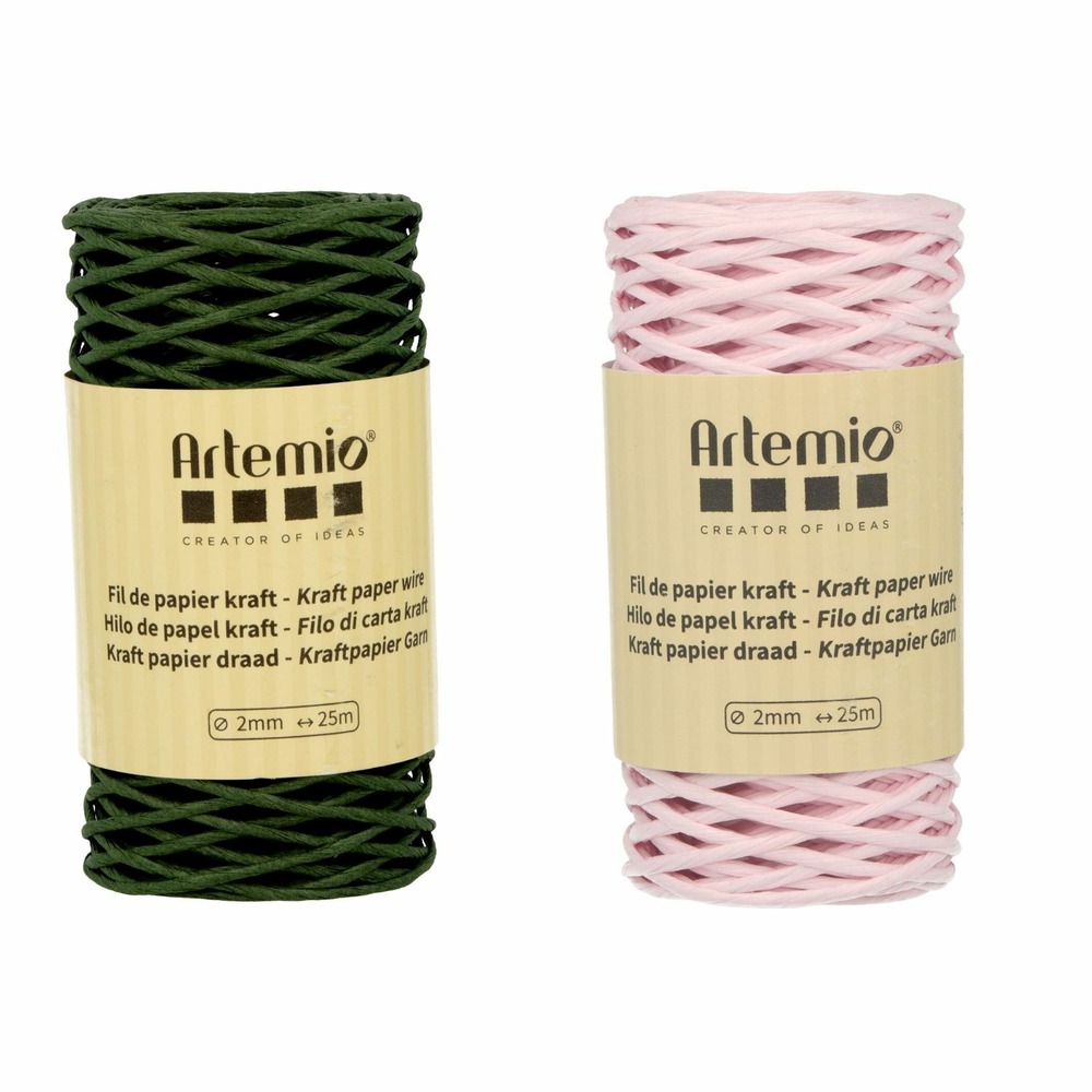 2 bobines fil kraft vert bouteille/rose 2mm x 25 m
