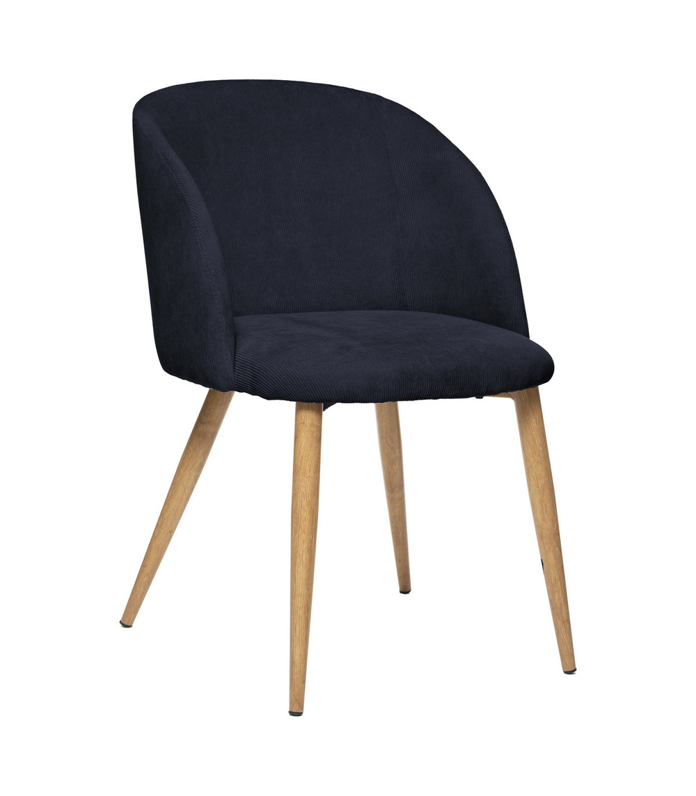 Chaise fauteuil de table en velours côtelé bleu encre et pieds en métal