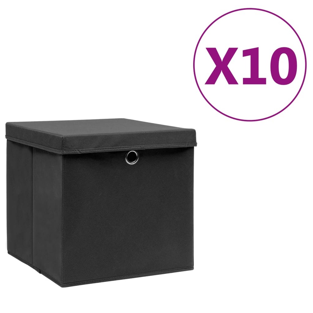 Boîtes de rangement avec couvercles 10 pcs 28x28x28 cm noir