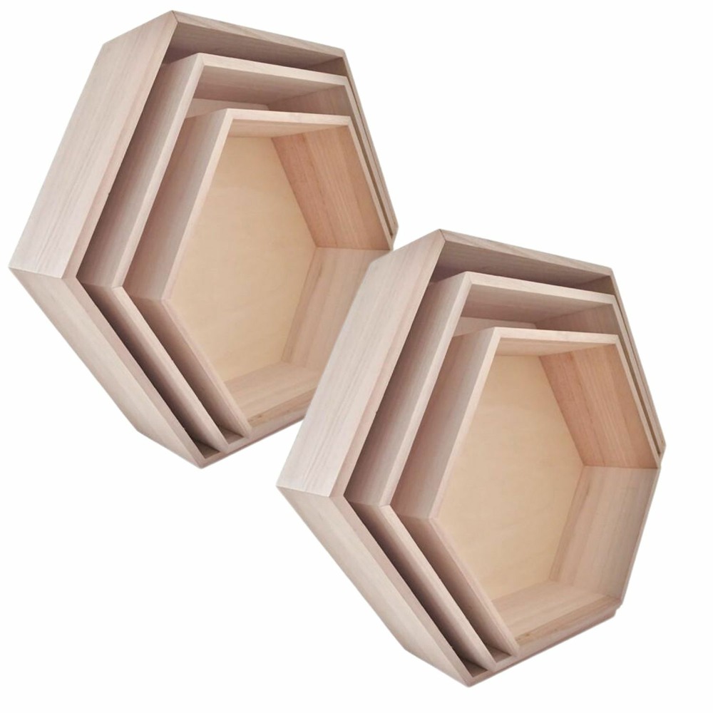 2 blocs de 3 étagères hexagonales en bois 30-40 cm