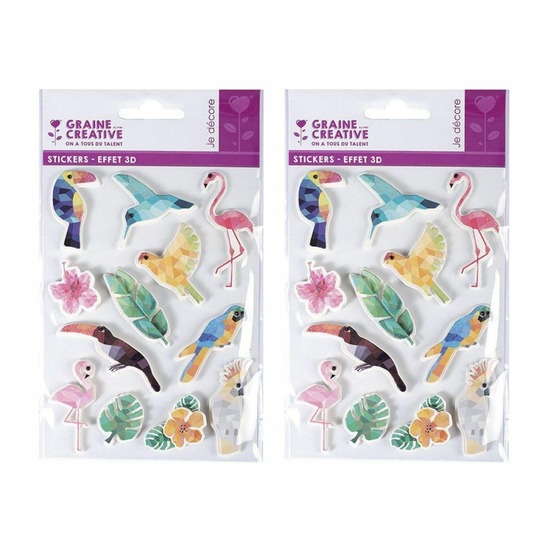 24 stickers 3d oiseaux tropicaux 6 cm