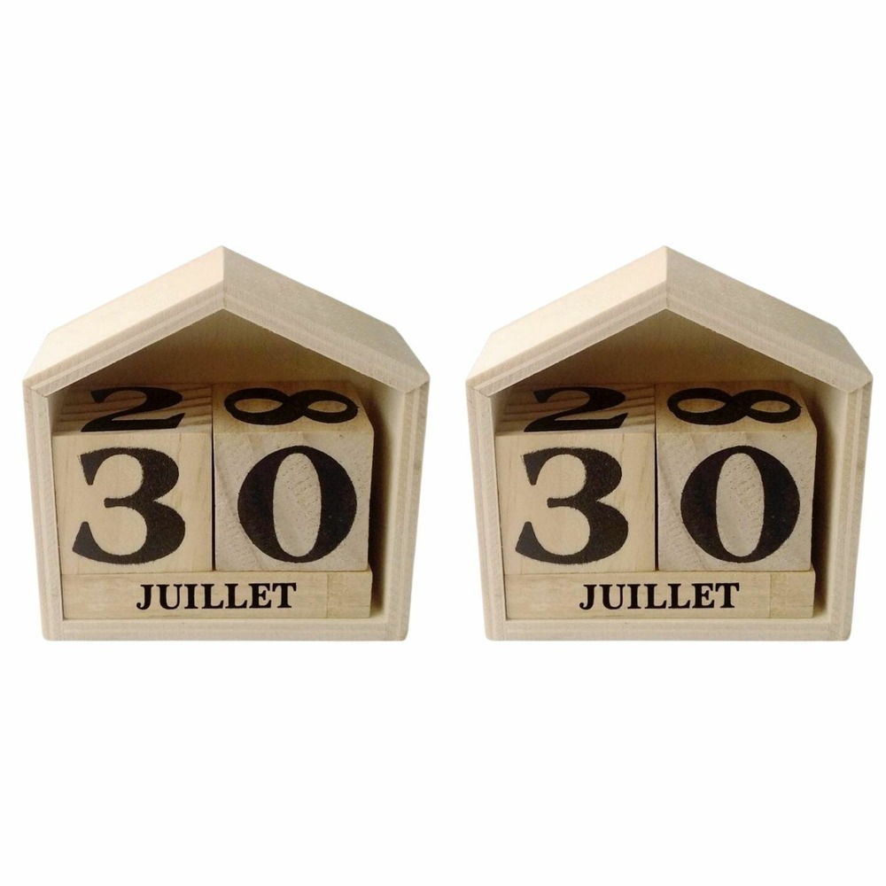 2 calendriers perpétuels en bois maisonnette 7 x 8 x 3,4 cm