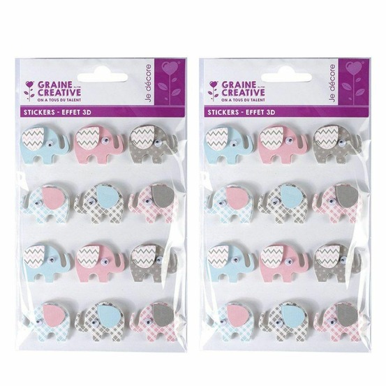 24 stickers 3d élephants 4,3 cm