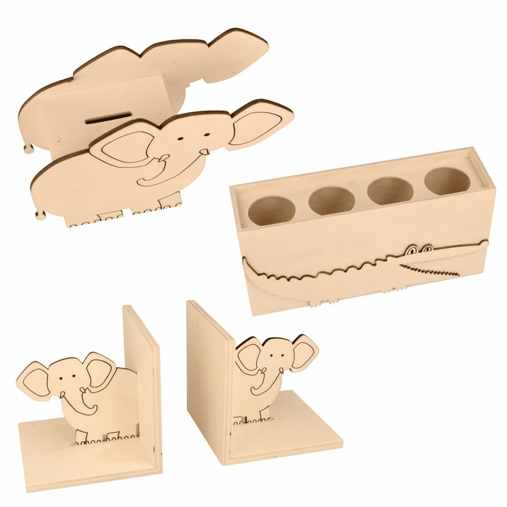 3 décorations chambre enfant en bois - eléphant / crocodile