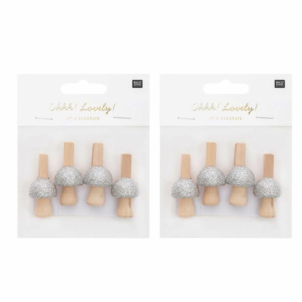 8 pinces champignons en bois pailletées argentées 3 x 2,3 cm