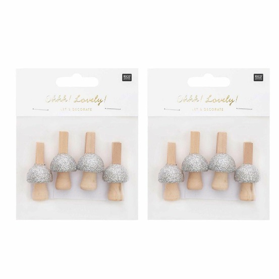 8 pinces champignons en bois pailletées argentées 3 x 2,3 cm