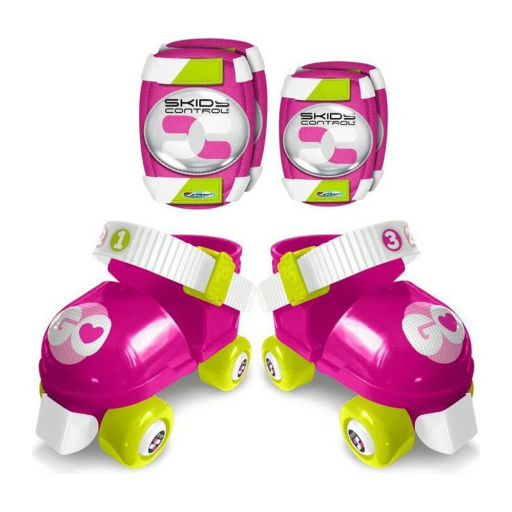 Set patins a roulettes + coudieres & genouilleres rose skids control