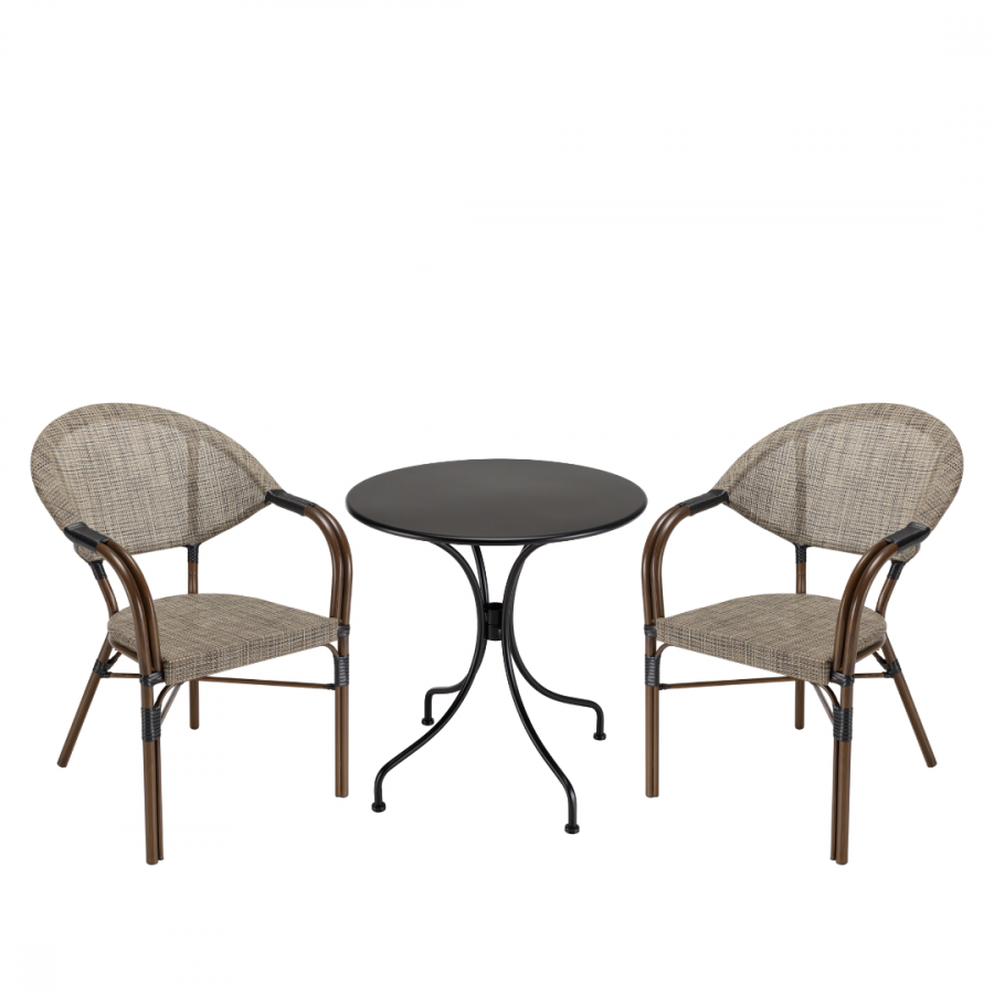 Salon de jardin 2 personnes en acier - 1 table ronde 70x70cm et 2 chaises en textilène