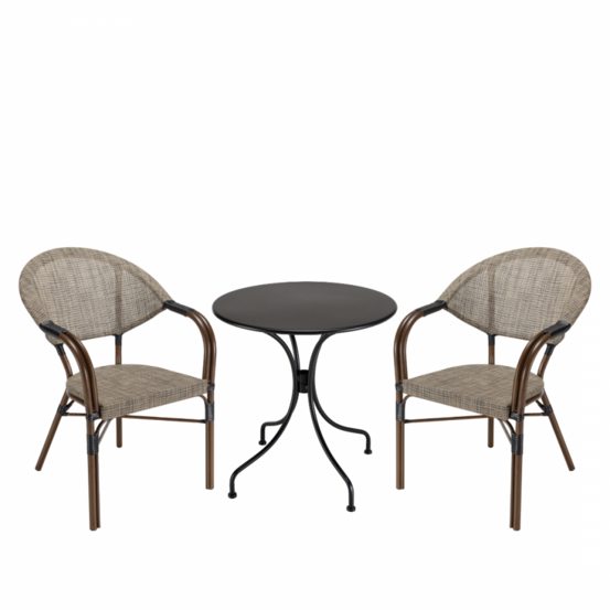 Salon de jardin 2 personnes en acier - 1 table ronde 70x70cm et 2 chaises en textilène