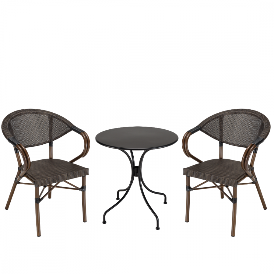 Salon de jardin 2 personnes en acier - 1 table ronde 70x70cm et 2 chaises en textilène marron