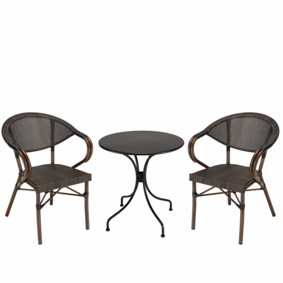 Salon de jardin 2 personnes en acier - 1 table ronde 70x70cm et 2 chaises en textilène marron