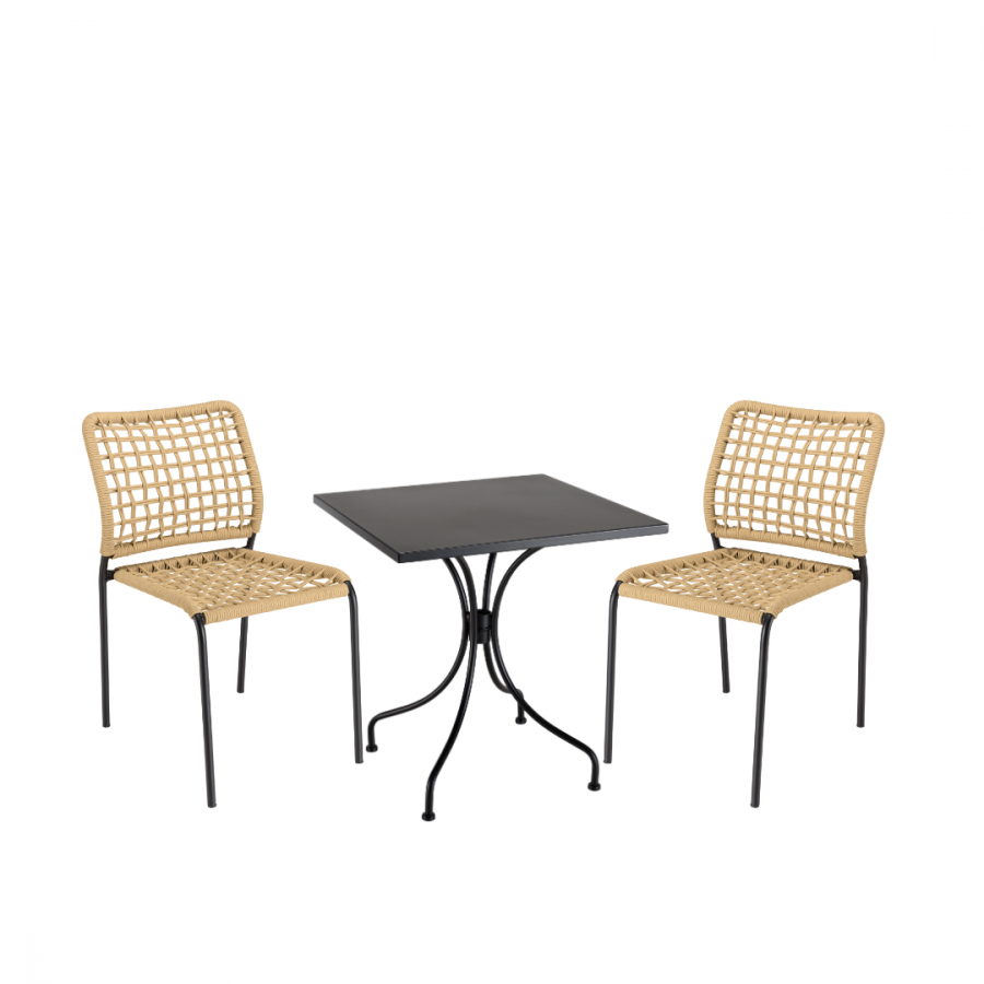 Salon de jardin 2 personnes en acier noir - 1 table carrée 70x70cm et 2 chaises en cordage tressé