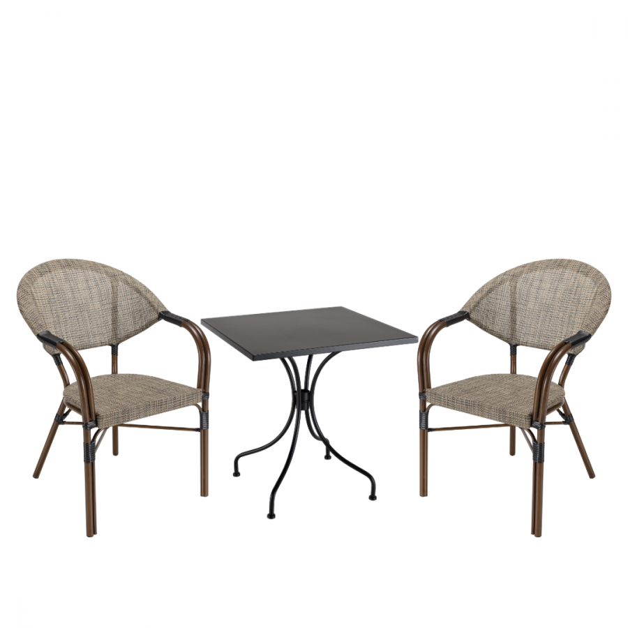 Salon de jardin 2 personnes en acier - 1 table carrée 70x70cm et 2 chaises en textilène