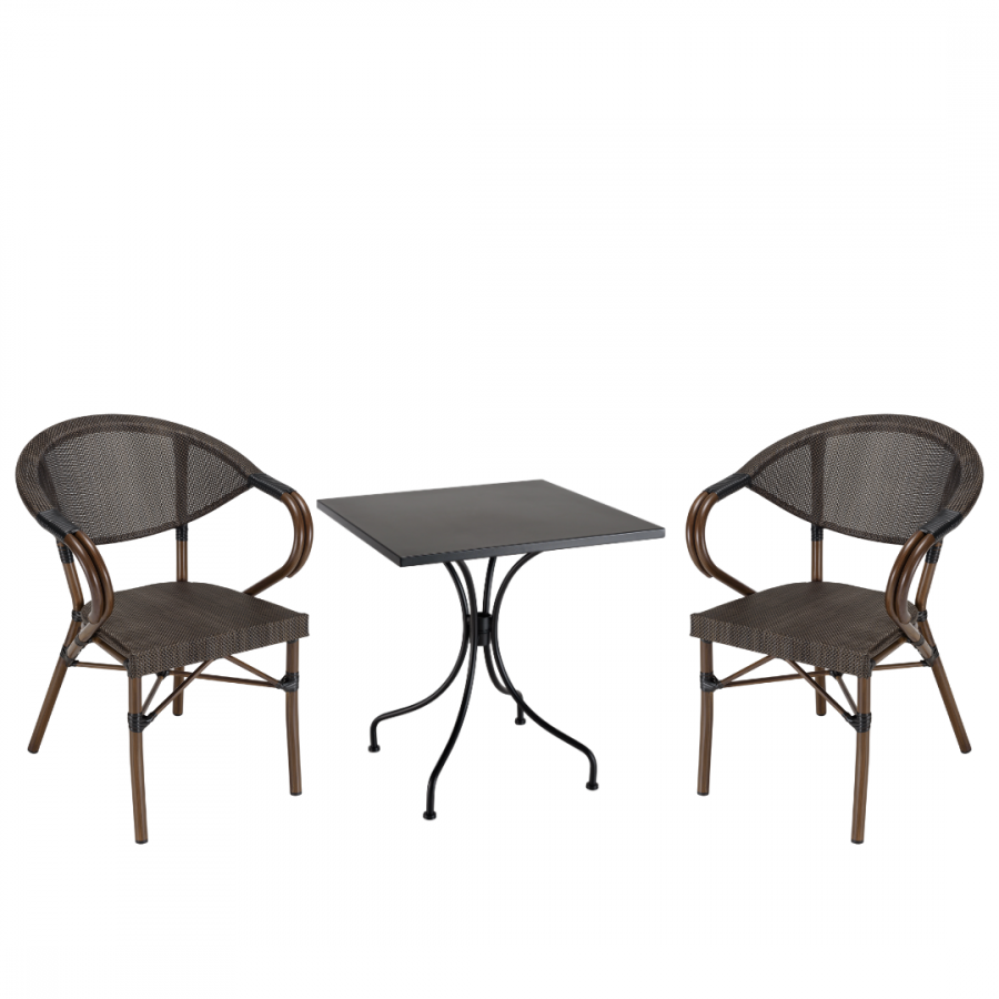 Salon de jardin 2 personnes en acier - 1 table carrée 70x70cm et 2 chaises en textilène marron