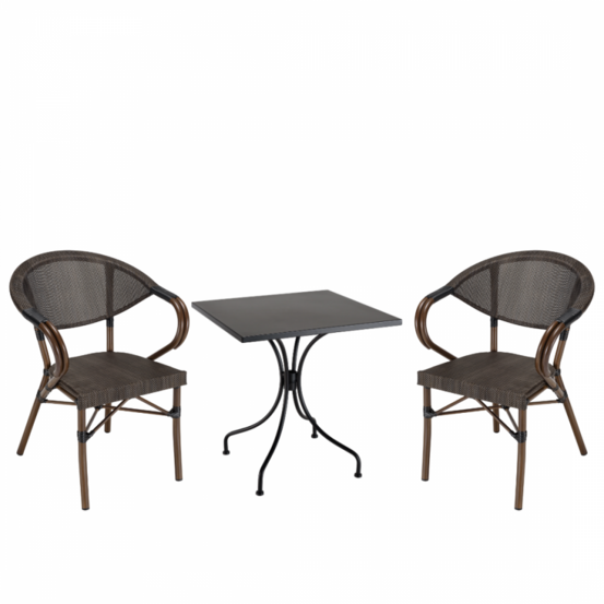 Salon de jardin 2 personnes en acier - 1 table carrée 70x70cm et 2 chaises en textilène marron