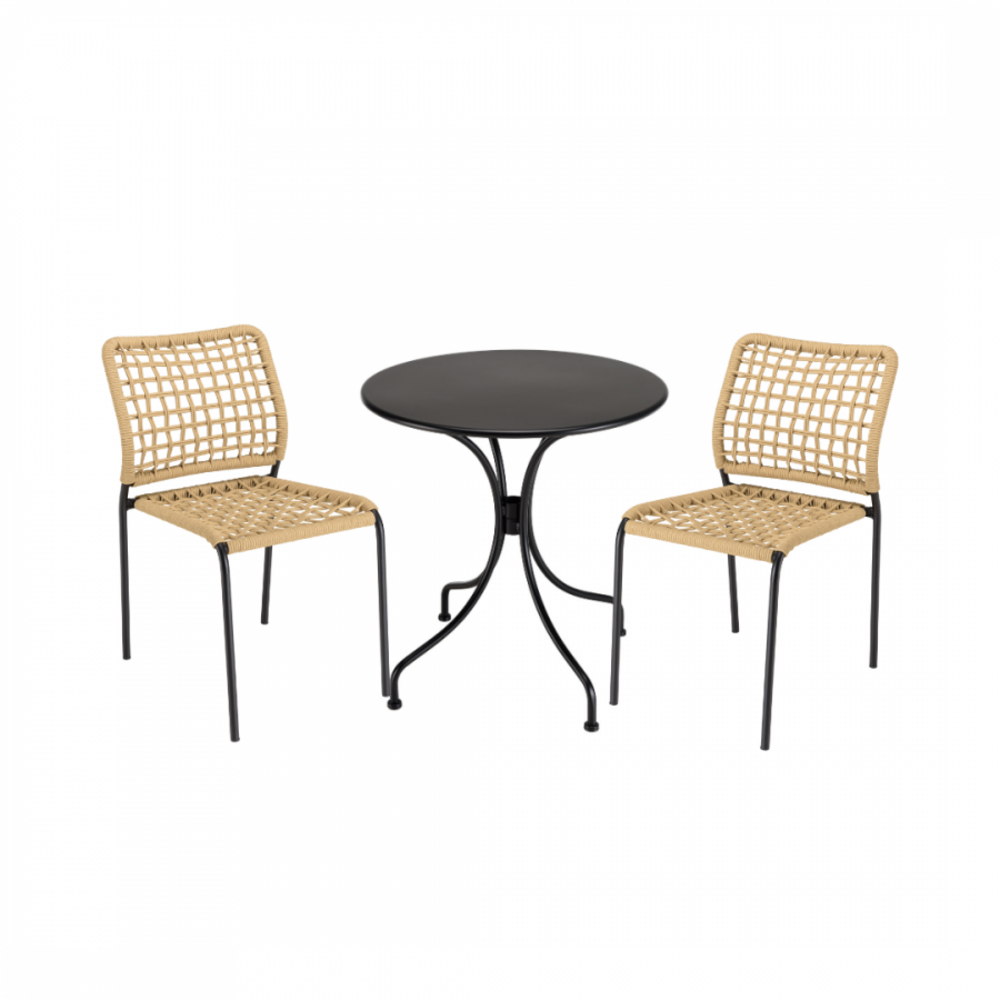 Salon de jardin 2 personnes en acier noir - 1 table ronde 70x70cm et 2 chaises en cordage tressé