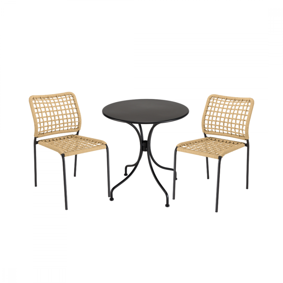Salon de jardin 2 personnes en acier noir - 1 table ronde 70x70cm et 2 chaises en cordage tressé